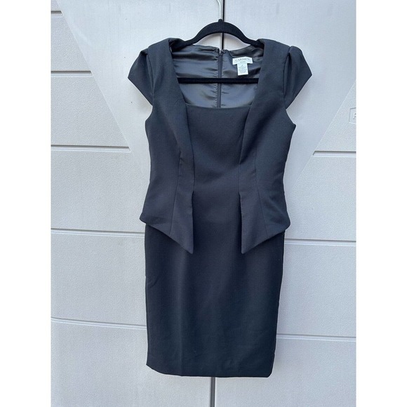 Carmen Marc Valvo black Square Neck peplum cap sleeve Form Fitting dress size 2 - Picture 2 of 13